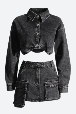 Quick Outfits, Modest Fashion Outfits Ideas Y2K Grunge Denim Top & Skirt Two Piece Set