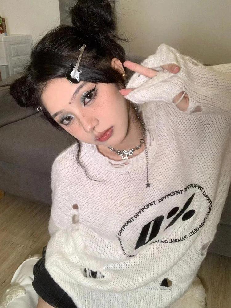 Quick Outfits, Modest Fashion Outfits Ideas Y2K Grunge Distressed Knitted Sweater Quick Outfits, Modest Fashion Outfits Ideas Y2K Grunge Distressed Knitted Sweater