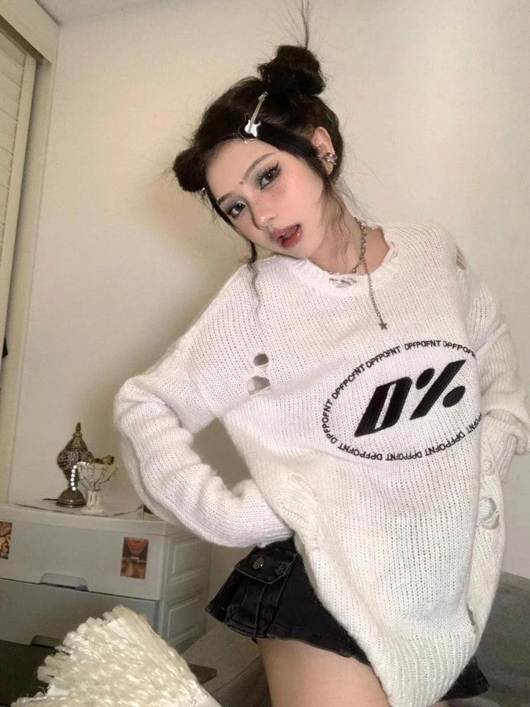 Quick Outfits, Modest Fashion Outfits Ideas Y2K Grunge Distressed Knitted Sweater Quick Outfits, Modest Fashion Outfits Ideas Y2K Grunge Distressed Knitted Sweater