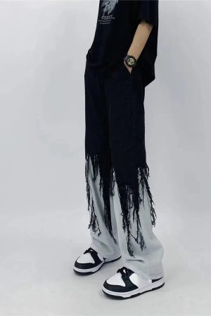 Quick Outfits, Modest Fashion Outfits Ideas Y2K Grunge Fringed Straight Leg Jeans