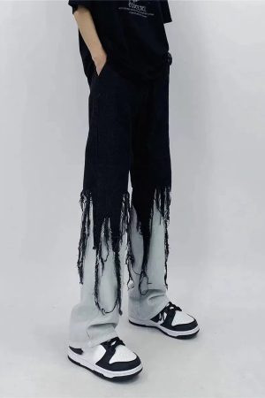 Quick Outfits, Modest Fashion Outfits Ideas Y2K Grunge Fringed Straight Leg Jeans