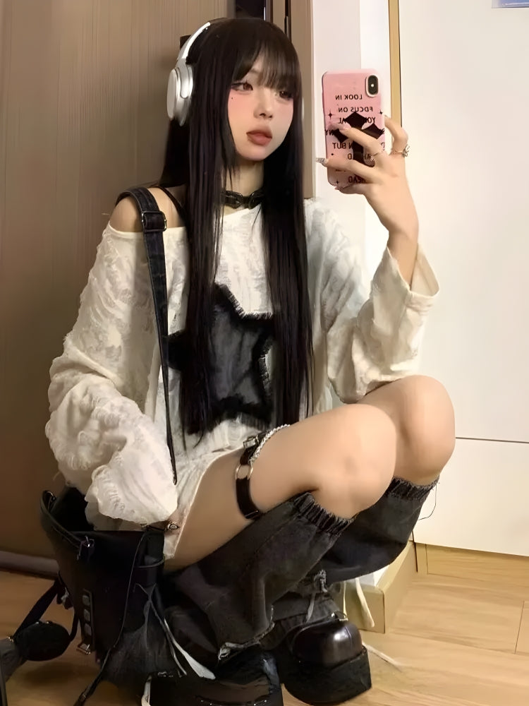 Quick Outfits, Modest Fashion Outfits Ideas Y2K Grunge Star Distressed Sweater Quick Outfits, Modest Fashion Outfits Ideas Y2K Grunge Star Distressed Sweater