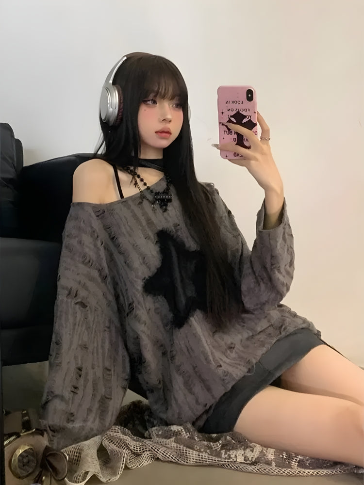 Quick Outfits, Modest Fashion Outfits Ideas Y2K Grunge Star Distressed Sweater Quick Outfits, Modest Fashion Outfits Ideas Y2K Grunge Star Distressed Sweater