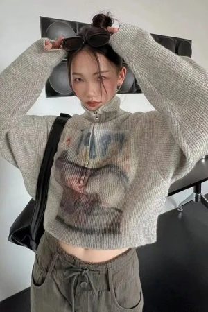 Quick Outfits, Modest Fashion Outfits Ideas Y2K Half Zip-Up Knitted Sweater