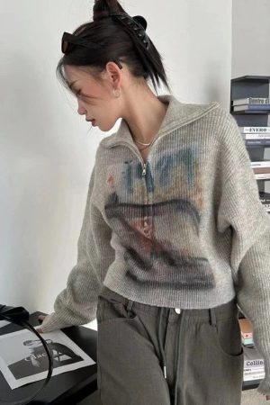 Quick Outfits, Modest Fashion Outfits Ideas Y2K Half Zip-Up Knitted Sweater