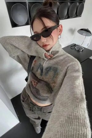 Quick Outfits, Modest Fashion Outfits Ideas Y2K Half Zip-Up Knitted Sweater