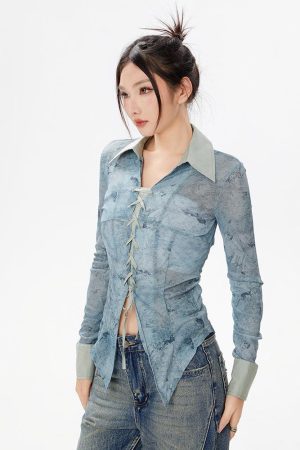 Quick Outfits, Modest Fashion Outfits Ideas Y2K Lace Up Sheer Shirt