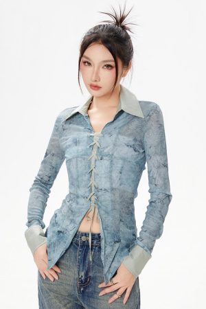 Quick Outfits, Modest Fashion Outfits Ideas Y2K Lace Up Sheer Shirt