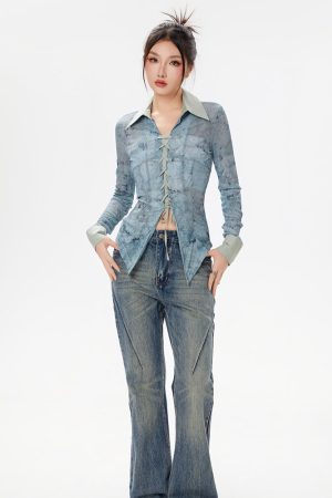 Quick Outfits, Modest Fashion Outfits Ideas Y2K Lace Up Sheer Shirt