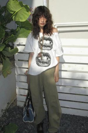 Quick Outfits, Modest Fashion Outfits Ideas Y2K One Shoulder Lips Tee