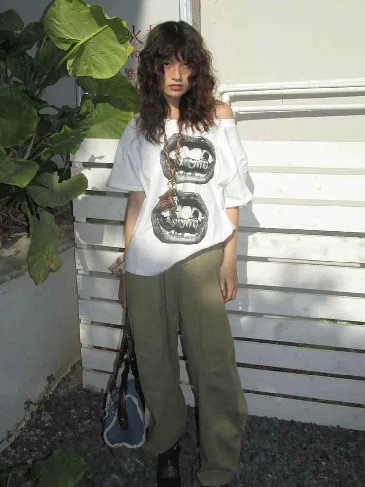 Quick Outfits, Modest Fashion Outfits Ideas Y2K One Shoulder Lips Tee Quick Outfits, Modest Fashion Outfits Ideas Y2K One Shoulder Lips Tee