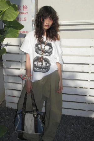 Quick Outfits, Modest Fashion Outfits Ideas Y2K One Shoulder Lips Tee