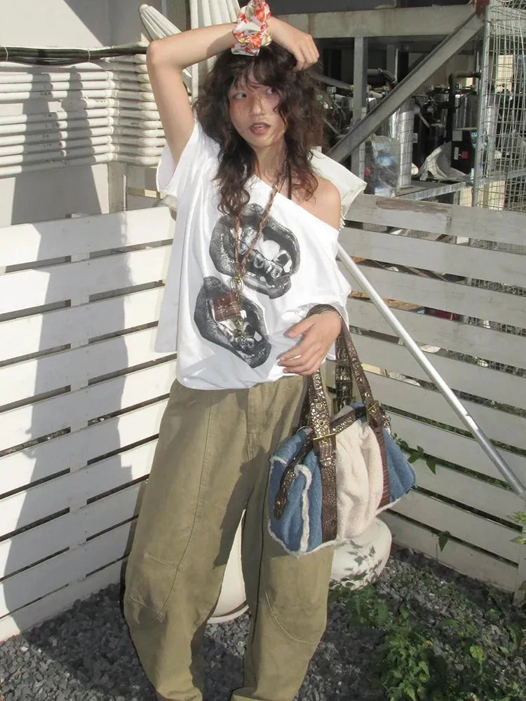 Quick Outfits, Modest Fashion Outfits Ideas Y2K One Shoulder Lips Tee Quick Outfits, Modest Fashion Outfits Ideas Y2K One Shoulder Lips Tee