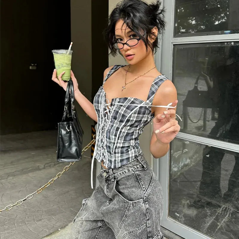 Quick Outfits, Modest Fashion Outfits Ideas Y2K Plaid Lace Up Top Quick Outfits, Modest Fashion Outfits Ideas Y2K Plaid Lace Up Top