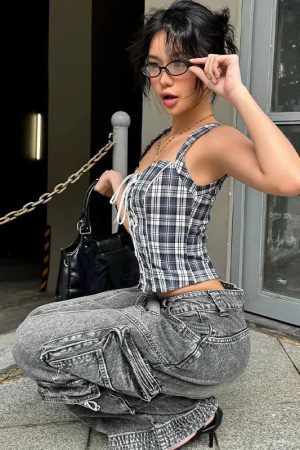 Quick Outfits, Modest Fashion Outfits Ideas Y2K Plaid Lace Up Top