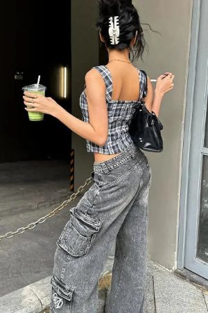 Quick Outfits, Modest Fashion Outfits Ideas Y2K Plaid Lace Up Top