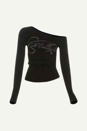 Quick Outfits, Modest Fashion Outfits Ideas Y2K Rhinestone One Shoulder Top