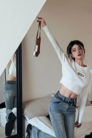 Quick Outfits, Modest Fashion Outfits Ideas Y2K Ribbed Cropped Sweater