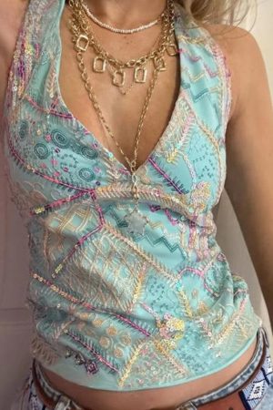 Quick Outfits, Modest Fashion Outfits Ideas Y2K Sequined Halter Top