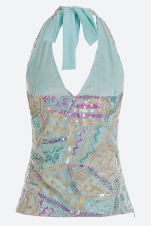 Quick Outfits, Modest Fashion Outfits Ideas Y2K Sequined Halter Top