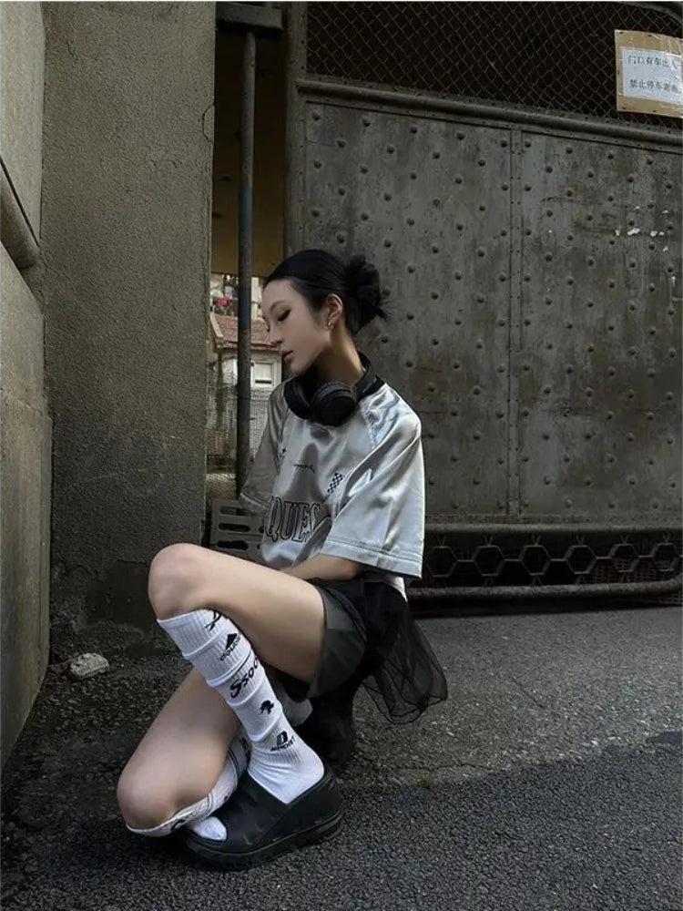 Quick Outfits, Modest Fashion Outfits Ideas Y2K Silver Oversized Tee Quick Outfits, Modest Fashion Outfits Ideas Y2K Silver Oversized Tee