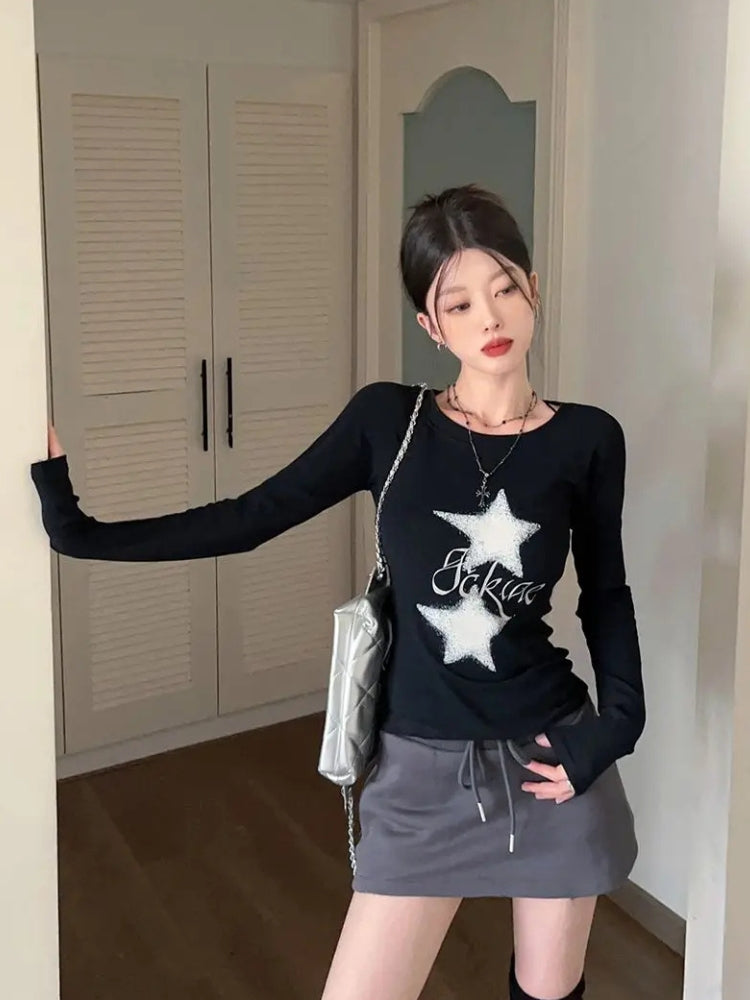 Quick Outfits, Modest Fashion Outfits Ideas Y2K Star Basic Top Quick Outfits, Modest Fashion Outfits Ideas Y2K Star Basic Top