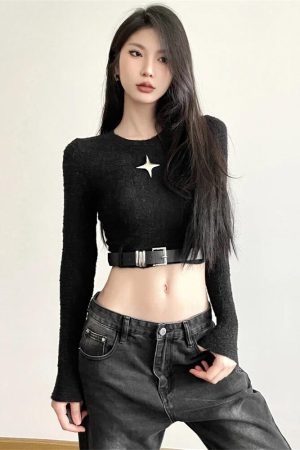 Quick Outfits, Modest Fashion Outfits Ideas Y2K Star Belted Crop Top