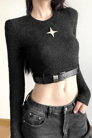 Quick Outfits, Modest Fashion Outfits Ideas Y2K Star Belted Crop Top