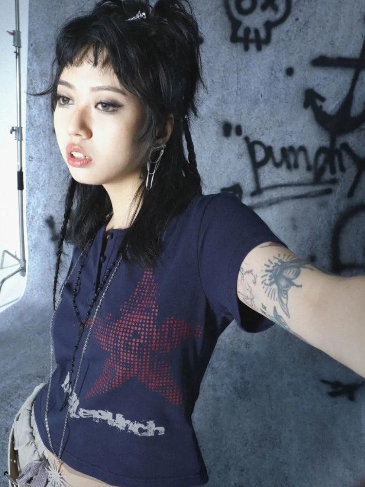 Quick Outfits, Modest Fashion Outfits Ideas Y2K Star Button-Up Tee Quick Outfits, Modest Fashion Outfits Ideas Y2K Star Button-Up Tee