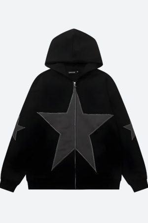 Quick Outfits, Modest Fashion Outfits Ideas Y2K Star Patch Zip-Up Hoodie
