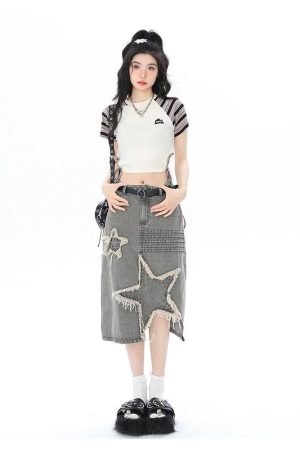 Quick Outfits, Modest Fashion Outfits Ideas Y2K Star Patchwork Midi Skirt