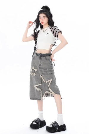 Quick Outfits, Modest Fashion Outfits Ideas Y2K Star Patchwork Midi Skirt