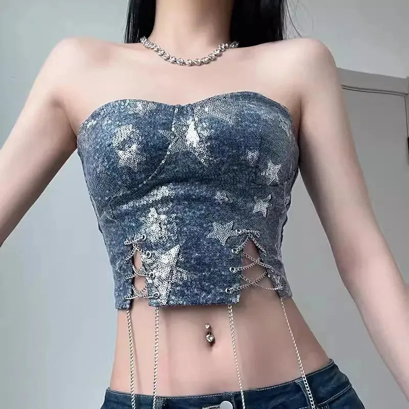 Quick Outfits, Modest Fashion Outfits Ideas Y2K Star Sequined Crop Top Quick Outfits, Modest Fashion Outfits Ideas Y2K Star Sequined Crop Top