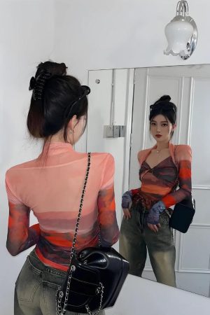 Quick Outfits, Modest Fashion Outfits Ideas Y2K Sunset Mesh Top