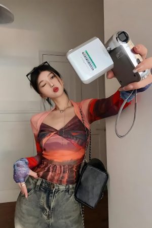 Quick Outfits, Modest Fashion Outfits Ideas Y2K Sunset Mesh Top