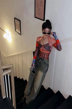 Quick Outfits, Modest Fashion Outfits Ideas Y2K Sunset Mesh Top