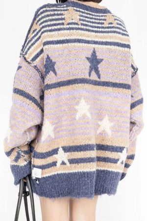 Quick Outfits, Modest Fashion Outfits Ideas Y2K Vintage Stars Striped Knitted Sweater