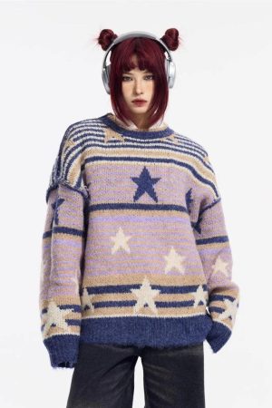 Quick Outfits, Modest Fashion Outfits Ideas Y2K Vintage Stars Striped Knitted Sweater