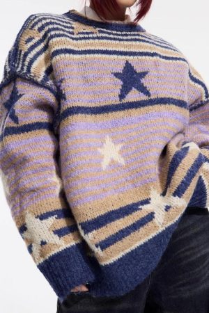 Quick Outfits, Modest Fashion Outfits Ideas Y2K Vintage Stars Striped Knitted Sweater