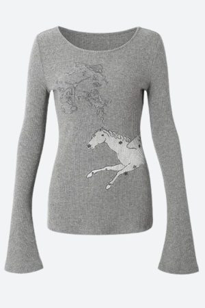 Quick Outfits, Modest Fashion Outfits Ideas Y2K White Horse Ribbed Top