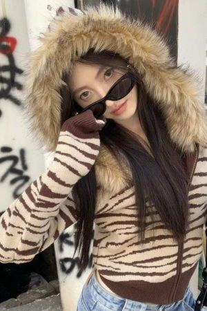 Quick Outfits, Modest Fashion Outfits Ideas Y2K Zebra Hooded Cardigan
