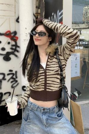 Quick Outfits, Modest Fashion Outfits Ideas Y2K Zebra Hooded Cardigan