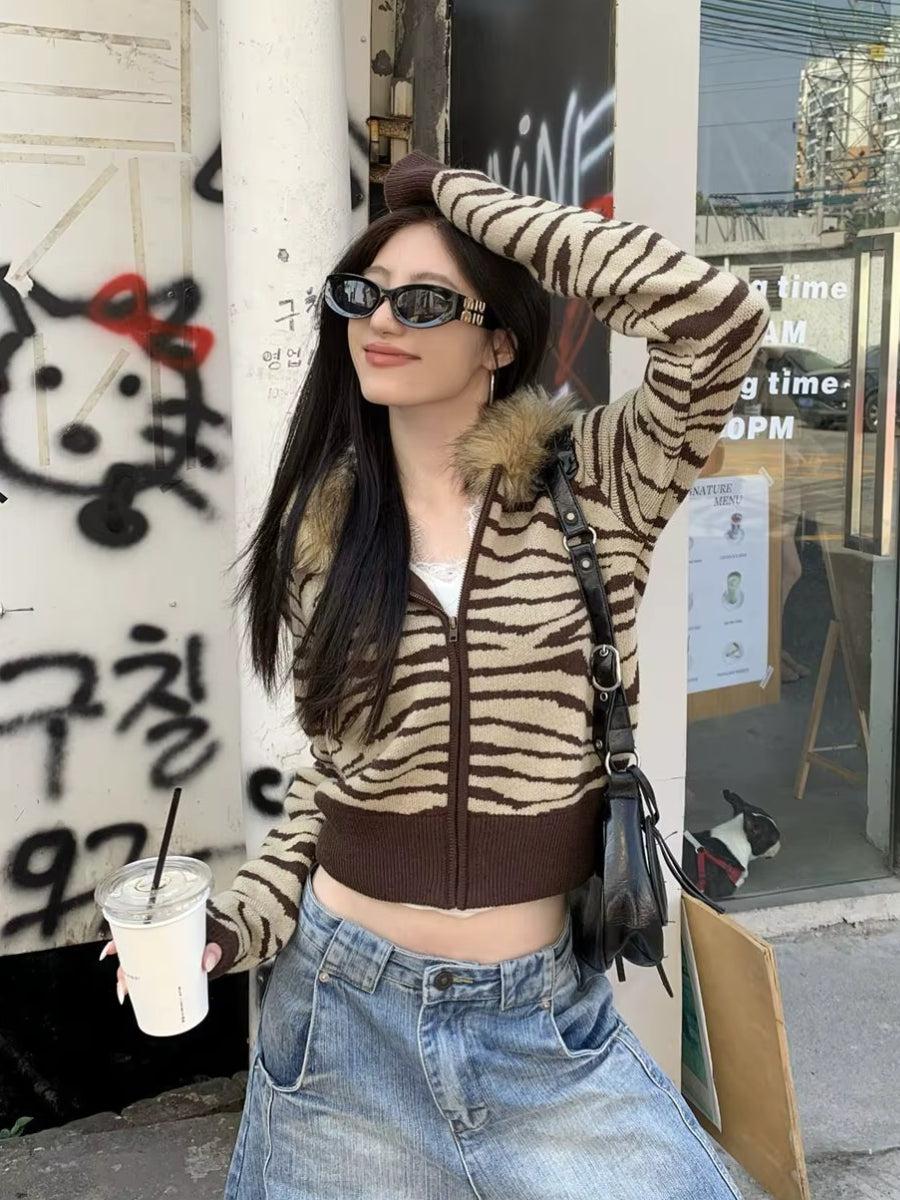 Quick Outfits, Modest Fashion Outfits Ideas Y2K Zebra Hooded Cardigan Quick Outfits, Modest Fashion Outfits Ideas Y2K Zebra Hooded Cardigan