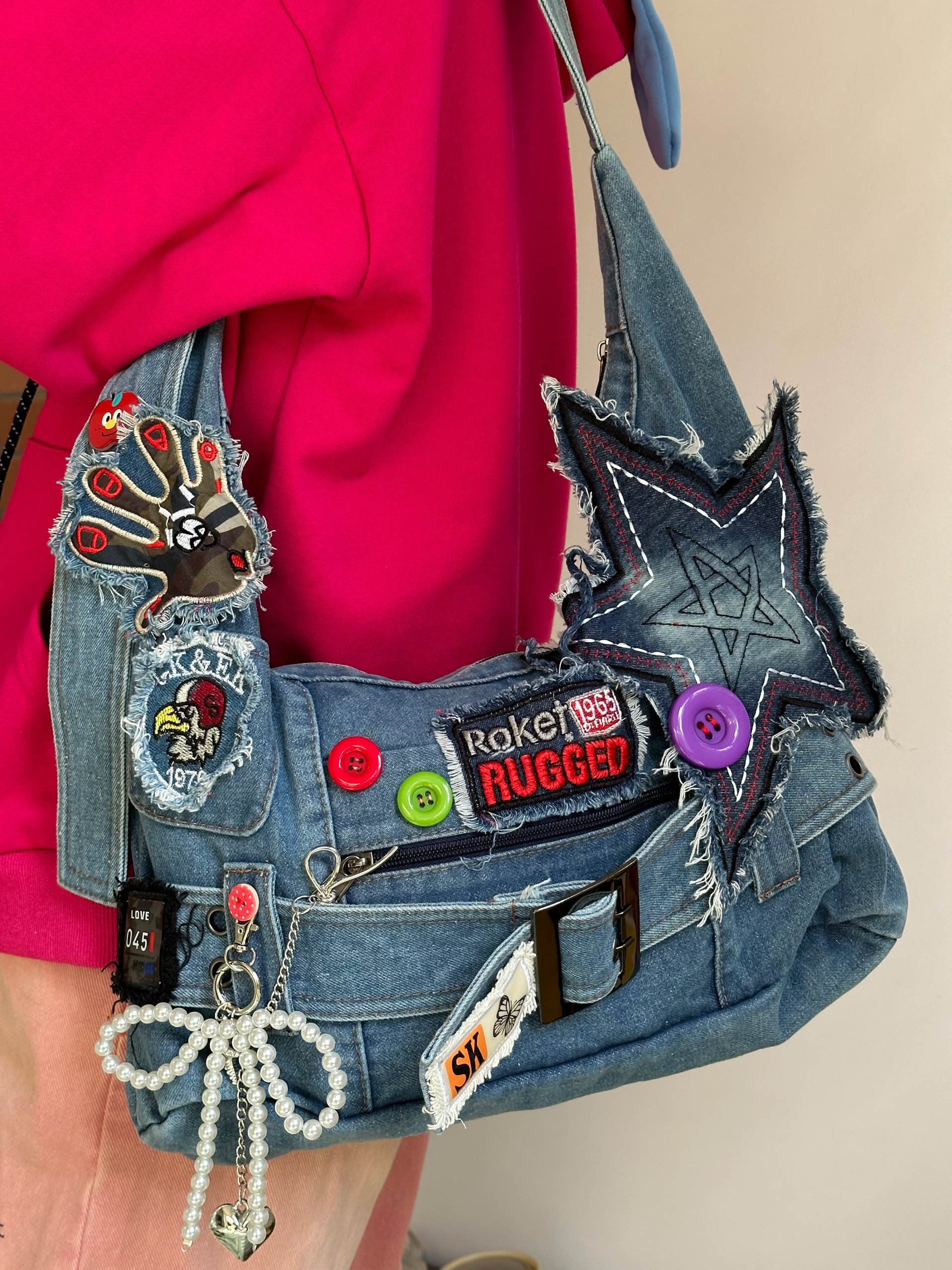Quirky Vintage Denim Crossbody Bag for Hot Girls - Trendy Shoulder Underarm Handbag with Explosive Design