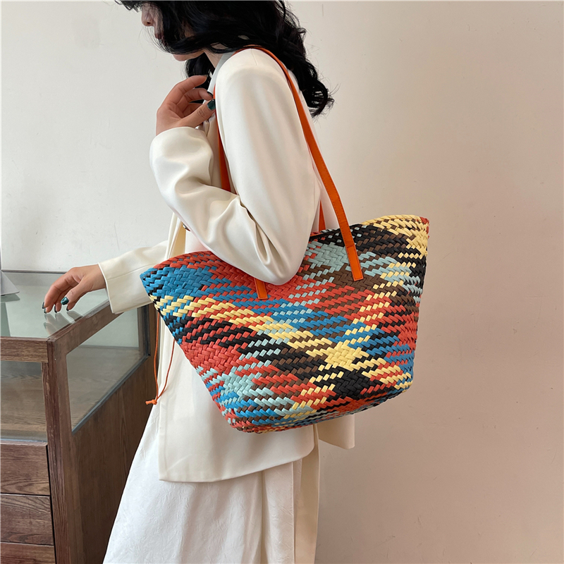 Rainbow Color-Block Woven Straw Tote Bag for Women - 2025 Summer Beach Vacation Handheld Shoulder Bag
