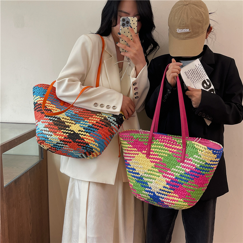 Rainbow Color-Block Woven Straw Tote Bag for Women - 2025 Summer Beach Vacation Handheld Shoulder Bag Rainbow Color-Block Woven Straw Tote Bag for Women - 2025 Summer Beach Vacation Handheld Shoulder Bag