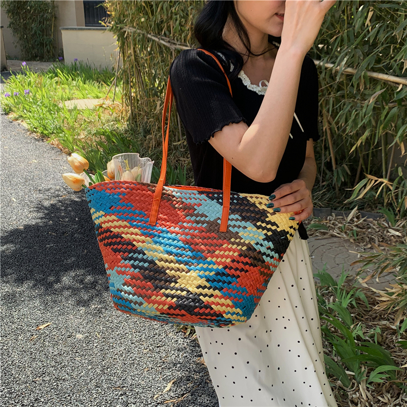 Rainbow Color-Block Woven Straw Tote Bag for Women - 2025 Summer Beach Vacation Handheld Shoulder Bag Rainbow Color-Block Woven Straw Tote Bag for Women - 2025 Summer Beach Vacation Handheld Shoulder Bag