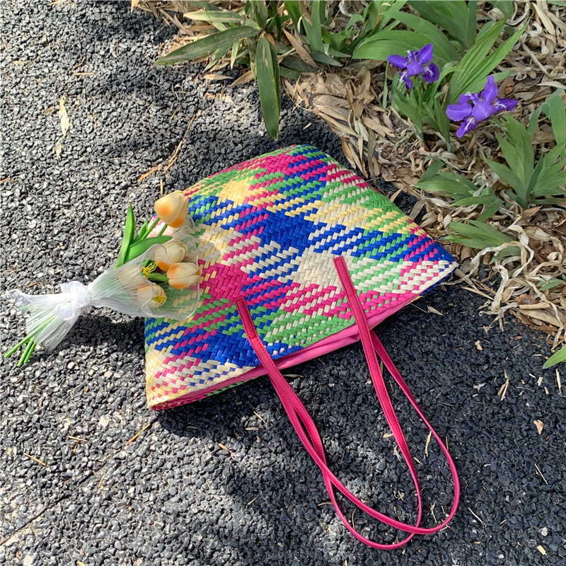 Rainbow Color-Block Woven Straw Tote Bag for Women - 2025 Summer Beach Vacation Handheld Shoulder Bag