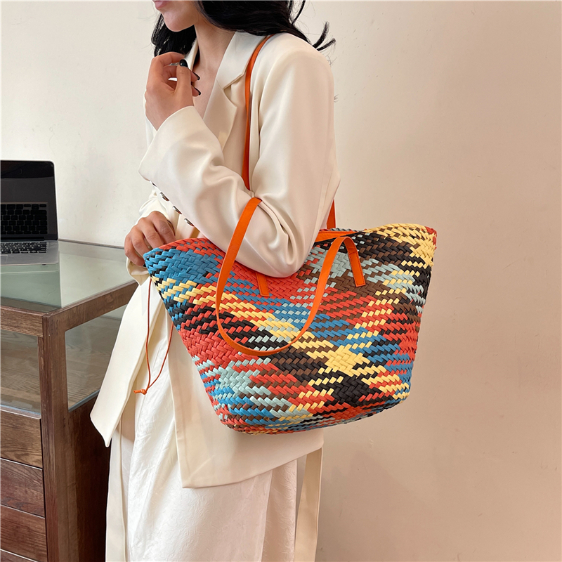 Rainbow Color-Block Woven Straw Tote Bag for Women - 2025 Summer Beach Vacation Handheld Shoulder Bag Rainbow Color-Block Woven Straw Tote Bag for Women - 2025 Summer Beach Vacation Handheld Shoulder Bag