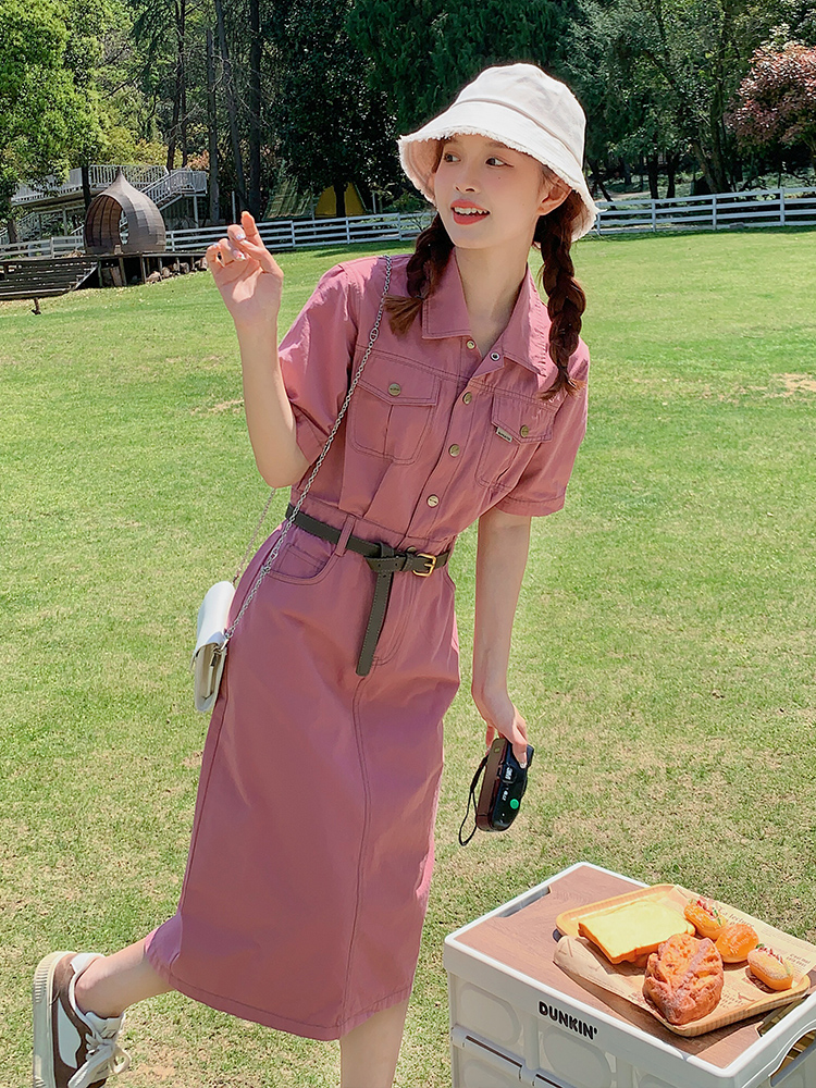 Raspberry Pink Slim Fit Shirt Dress for Women - Trendy Summer 2025 Workwear, Waist-Cinching Design, Chic and Stylish